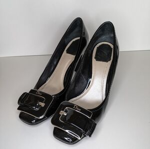 Dior Black Patent Leather Buckle Detail Block Heel Pumps Size 8.5-9